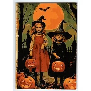 Vintage Halloween Postcard with Children in Witch Costumes & Jack-o-Lanterns